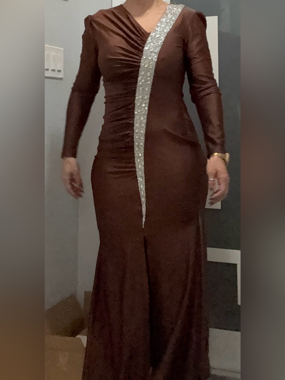 La Ros Elegant Brown Long Sleeve Evening Gown with Silver Accent Sz M